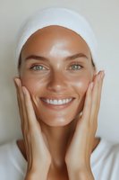 Young woman with freckles wearing white headband smiling while touching face with both hands, showing natural glowing skin and bright white teeth for skincare ad.