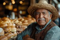 Elderly Hispanic male baker wearing straw hat smiling warmly in traditional bakery with fresh bread loaves displayed on wooden shelves in background.