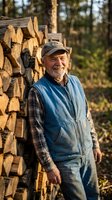 Smiling senior Caucasian lumberjack in overalls and cap standing beside stacked firewood in forest during golden hour sunset for outdoor work concepts.
