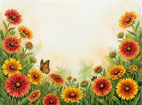 Watercolor floral border with vibrant red and yellow gaillardia blooms, butterfly, and bee on soft textured background with copy space.