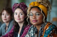 Diverse group of professional women in colorful headscarves and glasses during business meeting or conference, representing teamwork and collaboration.