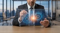 Middle-aged Caucasian male businessman in formal dark suit and tie, seated at desk in high-rise office with city skyline view, interacting with glowing digital gear and cog holographic interface representing technology, innovation, and process optimization.