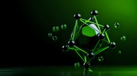 Futuristic molecular structure with glowing green connections and metallic spheres on dark background, scientific visualization for chemistry and technology concepts.