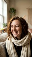 Happy young woman with curly brown hair laughing while wearing cozy cream knit scarf in bright living room with plants and natural window light.