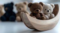 Soft plush teddy bears arranged in wooden rocking bowl, with brown and beige bears in focus and dark blue bear blurred in background, creating cozy nursery atmosphere.