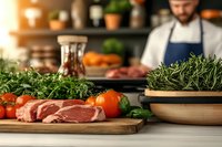 Fresh raw meat with herbs and vegetables on wooden cutting board in professional kitchen with chef cooking in background.