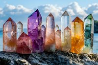 Colorful healing crystal points collection arranged on stone against blue sky background, featuring amethyst, citrine, rose quartz and aquamarine minerals in natural light.
