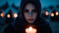 Young woman in dark hood illuminated by candlelight at dusk, mysterious atmosphere with bokeh lights in background creates mystical mood for fantasy or spiritual concepts.