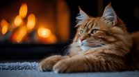 Majestic ginger Maine Coon cat relaxing on carpet near fireplace with warm bokeh lights in background, creating cozy domestic atmosphere.