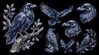 Raven and crow birds isolated on transparent background, ready for t-shirt design, clipart, stickers, sublimation and print-on-demand projects.