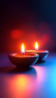 Glowing diya lamps with burning flames casting colorful reflections during Diwali festival celebration against dark background with red and blue lighting.