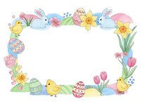 Easter frame with cute chicks, bunnies, decorated eggs and spring flowers on white background for greeting cards and seasonal designs.