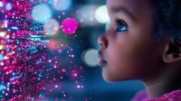 Young African American child gazing in wonder at glowing pink and blue bokeh lights creating magical atmosphere, side profile view showing curiosity and amazement in blue tinted scene.