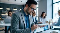 Professional businessman with glasses analyzing financial data on tablet in modern office meeting room with colleagues working in background.