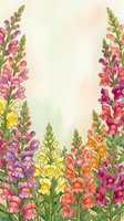 Watercolor snapdragon garden border with colorful blooms in pink, purple, yellow and orange on soft pastel background for cards.