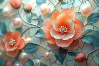 Delicate coral paper flowers with pearls and teal leaves create dreamy wall decor composition, featuring intricate handcrafted blooms with golden centers.