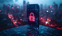 Digital security lock on smartphone screen with futuristic city background in blue and red neon colors, concept of mobile data protection and cybersecurity.