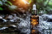 Amber glass dropper bottle with essential oil surrounded by dynamic water splash in natural forest setting with sunlight filtering through leaves.