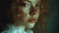 Mysterious redhead woman with curly hair in moody green lighting, her intense gaze and freckled skin creating dramatic portrait for fashion or beauty campaigns.