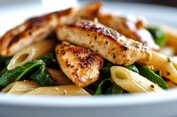 Grilled chicken strips with penne pasta and fresh spinach leaves in creamy sauce, served on white plate, macro food photography with selective focus.