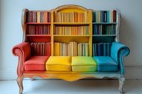 Vintage sofa reimagined in vibrant rainbow colors with matching color-coordinated books arranged on built-in shelving, creating striking modern home decor statement piece.