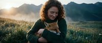 Young woman with curly hair cuddling orange cat in mountain meadow at golden hour sunrise, peaceful outdoor bonding moment with pet in nature landscape.