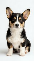 Adorable tricolor corgi puppy sitting on white background, isolated for pet care designs, veterinary marketing, dog training materials and animal lover products.