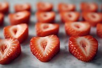 Fresh halved strawberries arranged on baking paper, showing juicy red flesh and heart-shaped cross-sections for dessert preparation.