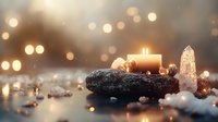 Glowing candle on stone with crystal quartz points against blurred golden bokeh background, creating mystical atmosphere for meditation and spiritual practices.