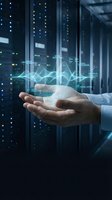 Businessman holding glowing digital waveform with data visualization in server room environment. Represents technology, data analysis, and network connectivity for business solutions.