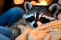 Adorable raccoon peeking out from soft blankets with warm bokeh lights in background, close-up portrait showing expressive eyes and distinctive facial markings.