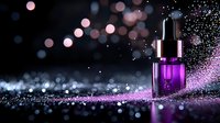 Purple glass dropper bottle with magical sparkling glitter trail on dark background, cosmetic product photography with bokeh lights and shimmering effects.