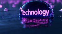 Glowing pink technology text reflected in water droplet against dark background with bokeh lights creating futuristic atmosphere for tech concepts.