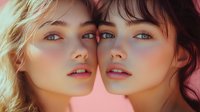 Close up portrait of two young women with natural makeup and glowing skin in warm sunlight against pink background, showing beauty and friendship.