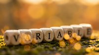 Wooden letter blocks spelling VARIABLE on moss surface with warm golden bokeh lights creating atmospheric business concept background.