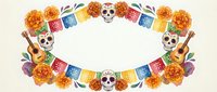 Watercolor Day of the Dead oval frame with sugar skulls, marigolds, guitars, and papel picado banners on white background.