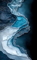 Abstract fluid art in deep ocean blue and white tones creates dramatic coastal-inspired pattern with flowing layers and organic textures. Suitable for luxury interior decor.