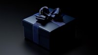 Elegant navy blue gift box with luxurious satin ribbon bow against dark background creates mysterious and sophisticated mood for luxury retail and holiday promotions.