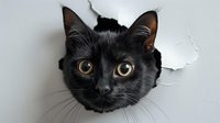 Curious black cat with golden eyes peeping through torn paper hole, creating playful peek-a-boo effect for pet photography or animal behavior concepts.