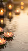 Floating lotus flowers on calm water with warm golden bokeh lights creating peaceful zen atmosphere for meditation and wellness concepts.