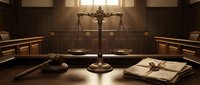 Scales of justice with gavel and legal documents in elegant courtroom setting. Professional law office interior for legal services and attorney concepts.