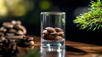 Pecan nuts in glass on wooden table with pine cone and evergreen branch in dark moody setting, selective focus on foreground for food photography and holiday decor.
