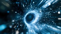 Glowing blue wormhole tunnel with light streaks and particles creating dynamic motion effect against dark background, for science and space concepts.