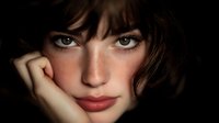 Close-up portrait of young woman with freckles, brown hair with bangs, and intense gaze against dark background, hand resting on cheek.