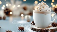 Hot chocolate topped with whipped cream and spices in white ceramic mug on rustic wood slice. Cozy winter drink with blurred bokeh lights and star anise in background.