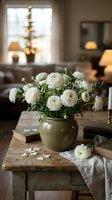 White ranunculus flowers in ceramic vase on rustic wooden table in cozy living room interior with warm lighting for home decor and lifestyle concepts.