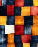 Abstract geometric pattern with interwoven squares in navy blue, red, yellow and white colors featuring brushstroke texture and modern artistic composition.