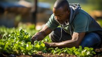 Young African American male farmer tending to organic lettuce crops in morning sunlight, wearing casual clothing while carefully inspecting fresh green produce in garden rows.