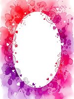 Watercolor frame with pink and purple splashes, hearts, flowers and swirls creating romantic oval border for wedding invitations and love designs.