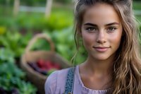 Young woman with natural makeup and casual attire smiling at camera in garden setting with woven basket and fresh berries in soft blurred background.